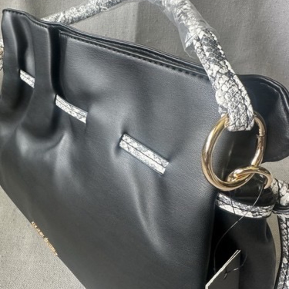BADGLEY MISCHKA Vegan Drawstring Purse Snake Trim Crossbody New Black - Picture 2 of 13